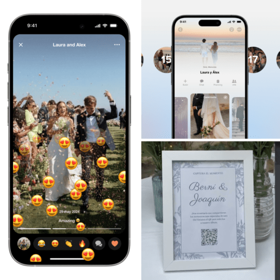 Código QR en mesa de recepción de boda para álbum compartido